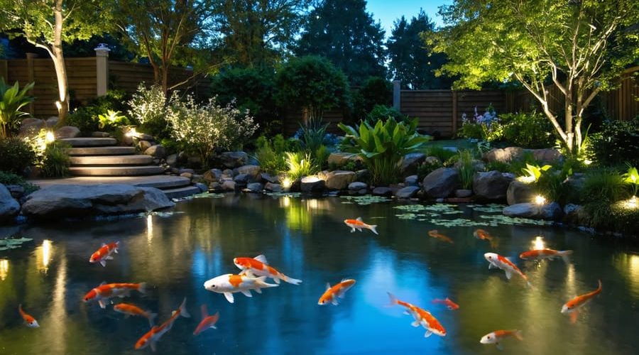 Nighttime garden pond beautifully illuminated with underwater and floating lights, highlighting koi fish and water plants to create a serene atmosphere.