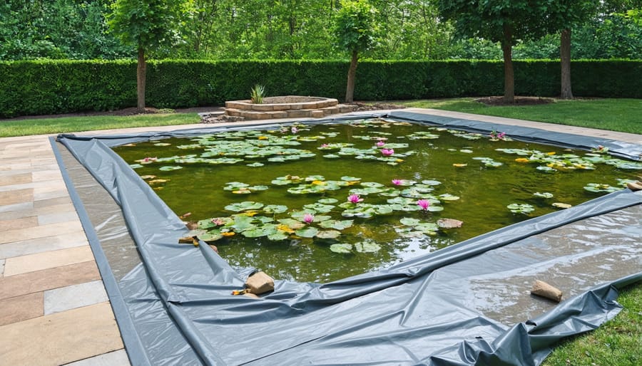 Installation sequence of pond underlayment and liner with proper overlap techniques