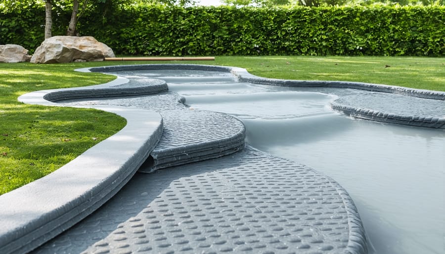 Installation process of a pond liner showing proper placement and securing techniques