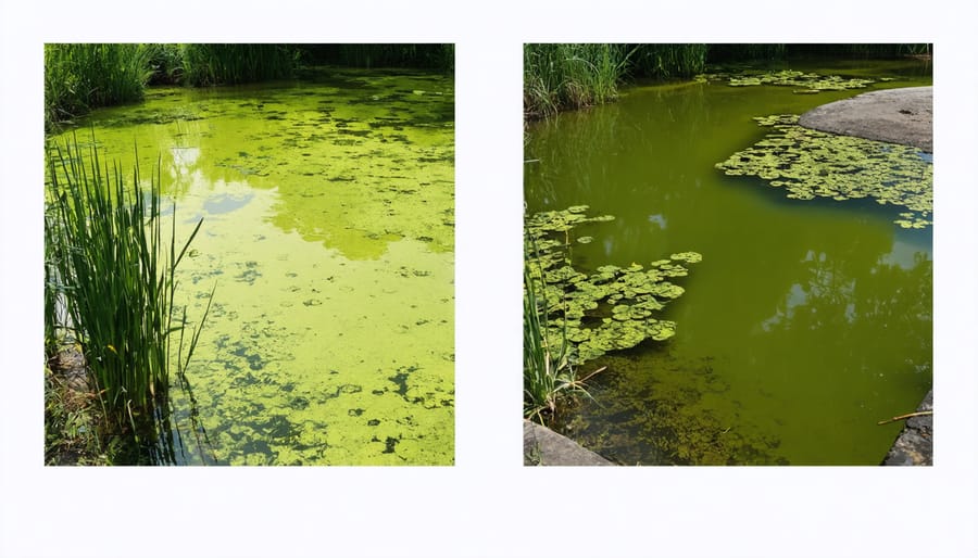 Side-by-side comparison of traditional versus AI-managed farm ponds highlighting water quality differences