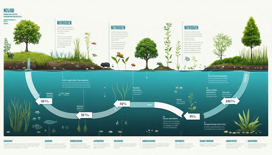 Diagram illustrating the nitrogen cycle process in a pond environment with arrows showing nutrient flow