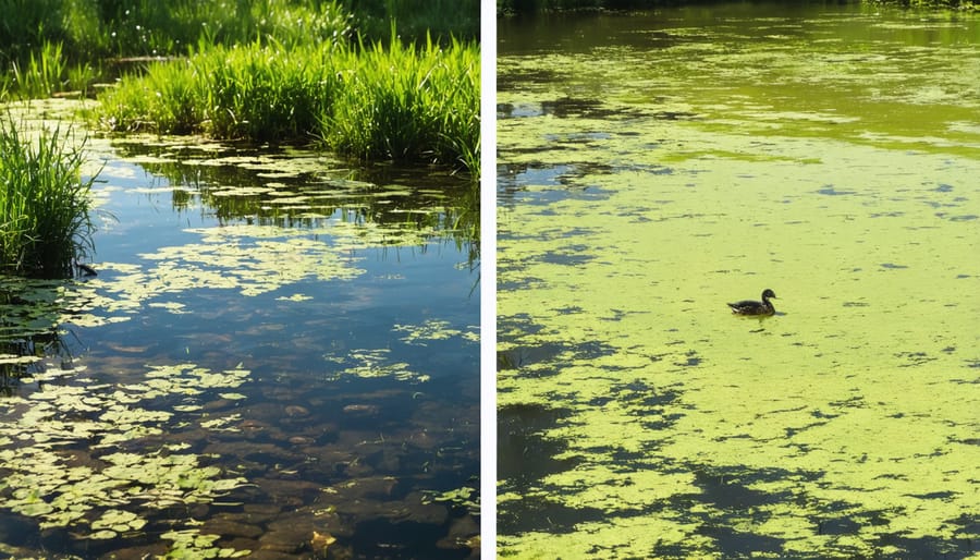 Side-by-side comparison of a clear, healthy garden pond and a pond covered in algae and invasive plants