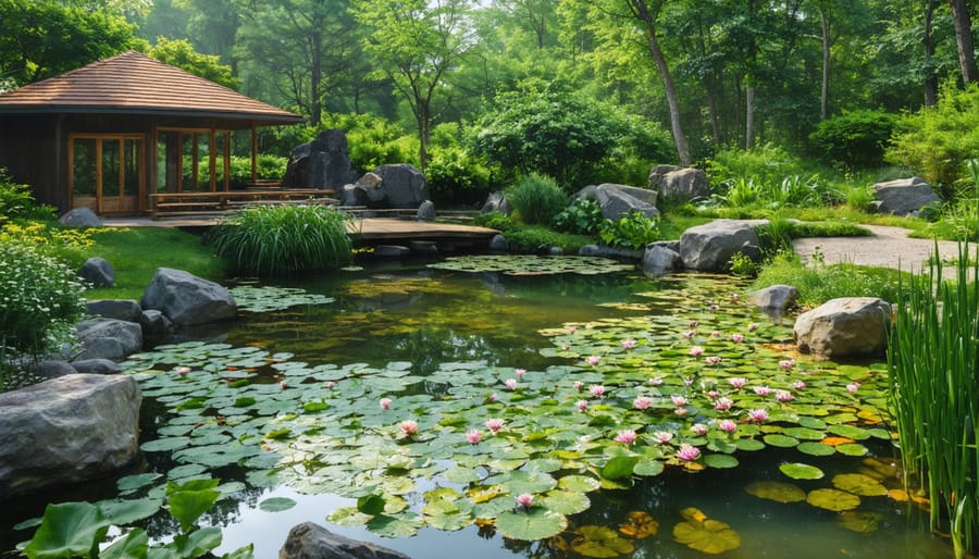 Garden pond featuring water lilies, rushes, and submerged plants creating fish hiding spots