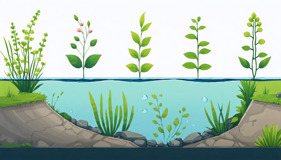 Illustrated cross-section of a pond ecosystem showing different plant zones and their typical placement