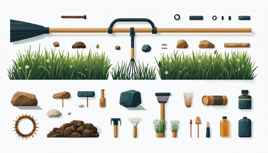 Labeled diagram of pond rake parts including tines, frame, mounting brackets, and hardware