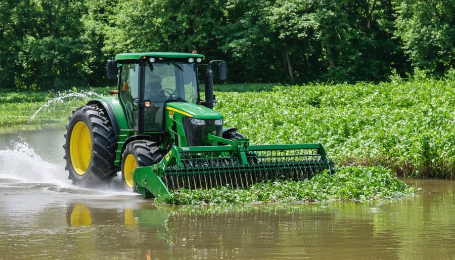 Demonstration of pond rake attachment removing weeds from a pond