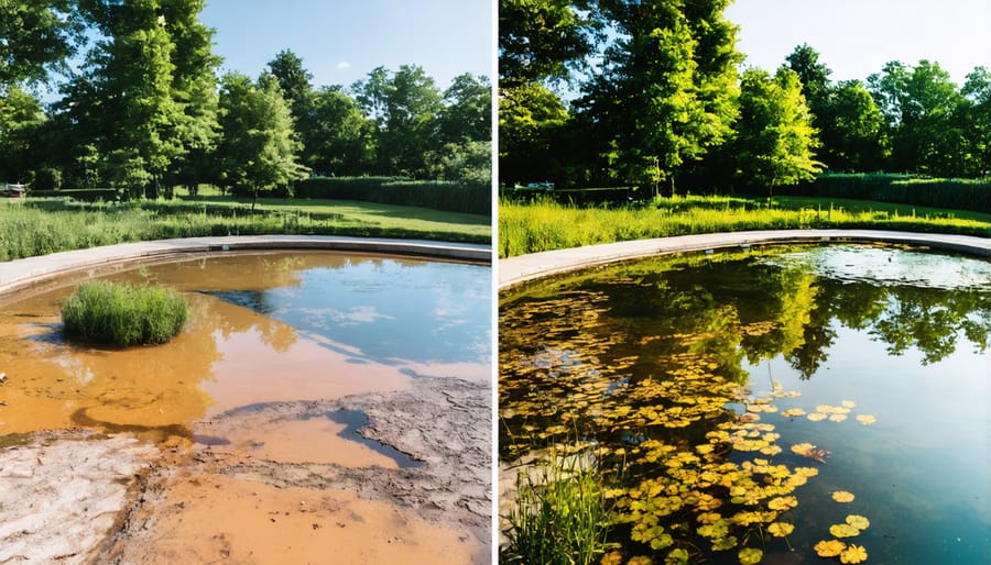 Before and after comparison of a garden pond renovation showing dramatic improvement