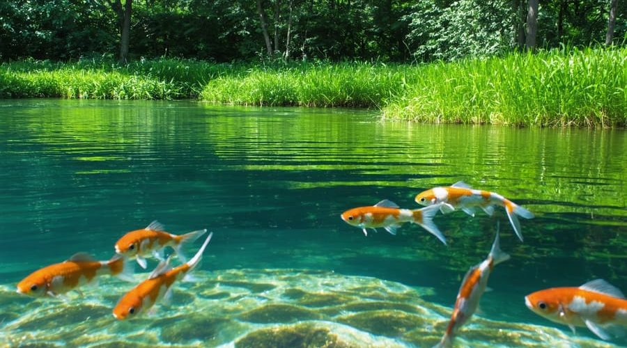 A well-maintained pond showcasing healthy fish and plants, with clear water following safe herbicide application, illustrating balanced weed control.