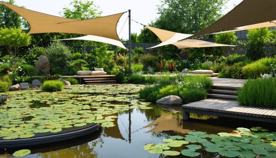 Pond featuring water lilies, shade cloth, and natural plant coverage for temperature control