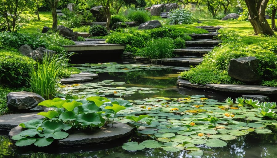 Well-designed pond featuring shade trees, marginal plants, and floating vegetation for temperature control