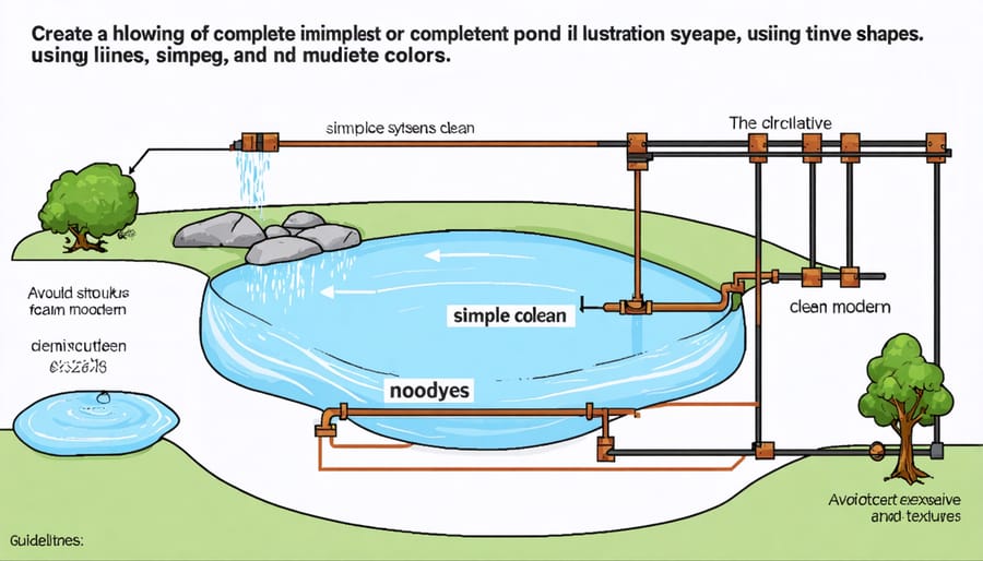 Technical illustration of pond circulation system components including pumps, filters, and water flow patterns