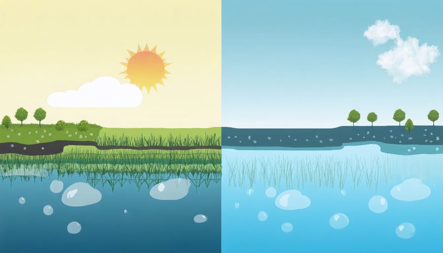 Cross-sectional illustration of pond temperature stratification during extreme seasons