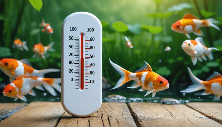 Digital pond thermometer displaying temperature reading of 72°F with colorful koi swimming nearby