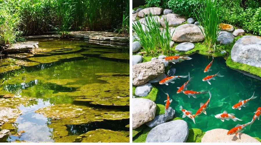 Before and after depiction of a pond renovation, showcasing a shift from a neglected, murky pond to a vibrant and healthy aquatic environment with clear water and lush plant life.