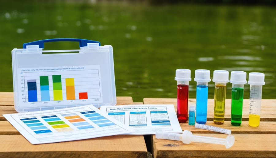 Person using comprehensive pond water testing kit with various test parameters visible