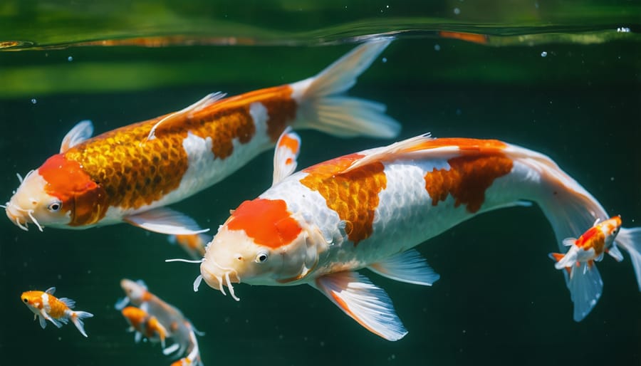 Large orange koi fish chasing smaller goldfish in a garden pond