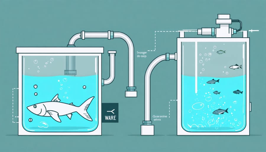 Diagram showing proper koi quarantine tank setup and equipment