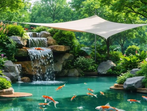 A tranquil garden pond in summer showing various shade solutions including trees, floating plants, and a shade sail, with clear water, koi fish, and an active waterfall aeration system amidst lush greenery.