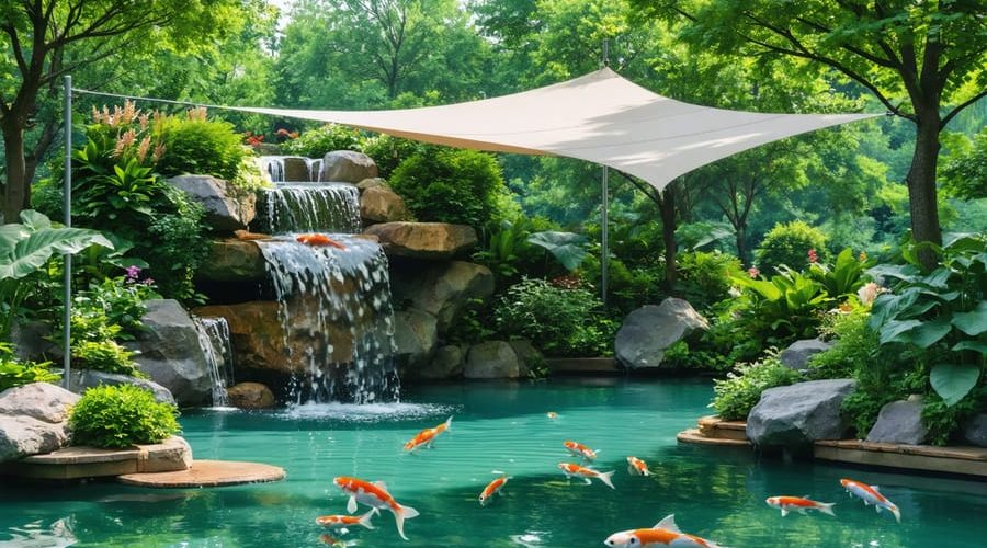 A tranquil garden pond in summer showing various shade solutions including trees, floating plants, and a shade sail, with clear water, koi fish, and an active waterfall aeration system amidst lush greenery.