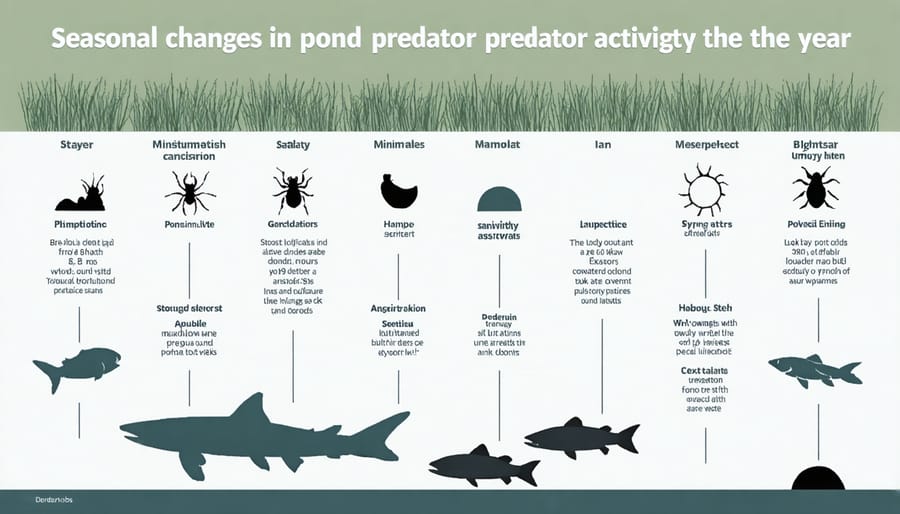 Circular diagram illustrating how pond predator behavior changes across spring, summer, fall, and winter