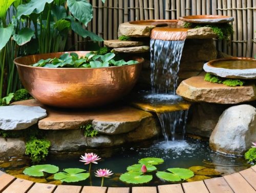 Small outdoor water garden with a copper bowl fountain, water lilies, and cascading stone basins on a patio.