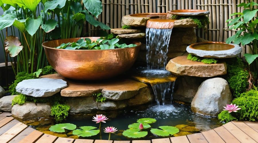 Small outdoor water garden with a copper bowl fountain, water lilies, and cascading stone basins on a patio.