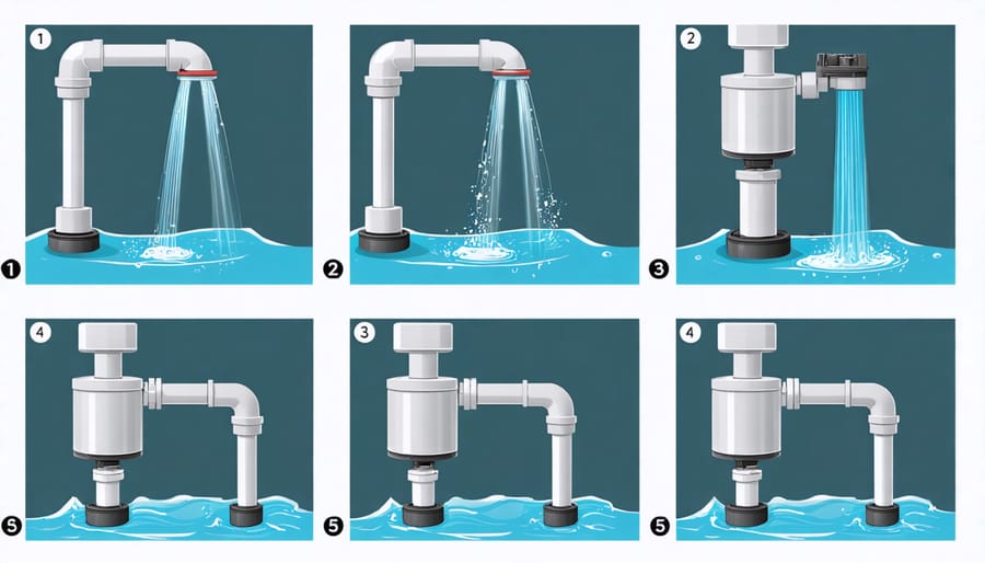 Installation process of swimming pond skimmer and pump components with labeled parts