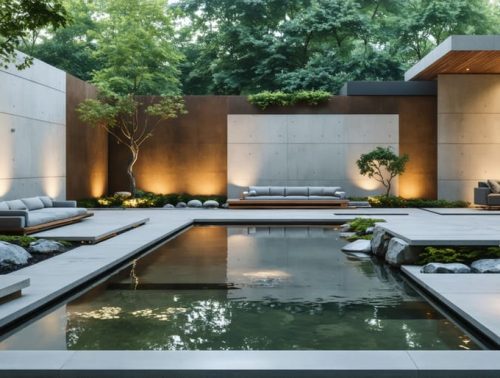 A minimalist infinity-edge pond in a backyard, featuring clean lines and modern materials like concrete and steel, with reflections of contemporary architecture and landscaping enhanced by LED lighting.