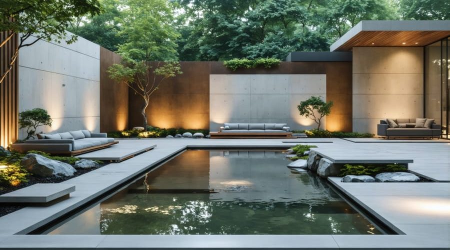 A minimalist infinity-edge pond in a backyard, featuring clean lines and modern materials like concrete and steel, with reflections of contemporary architecture and landscaping enhanced by LED lighting.