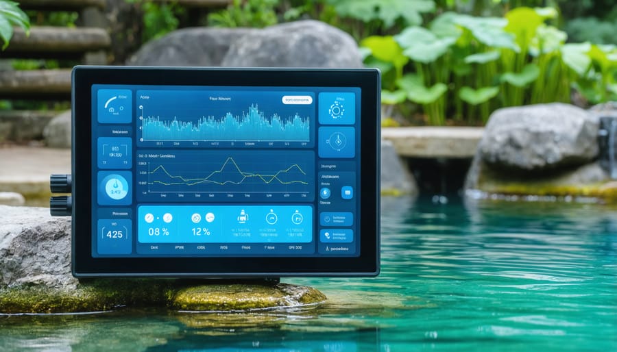 Digital dashboard displaying smart pond monitoring system with various sensor readings and status indicators