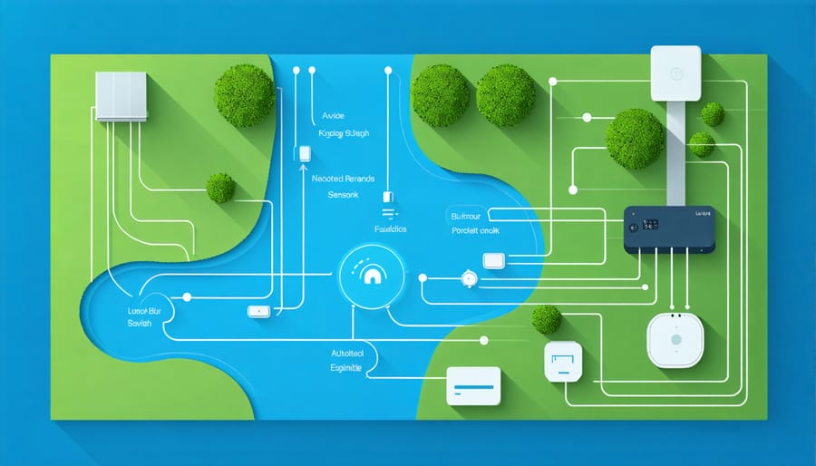 Technical diagram illustrating smart pond system installation and component connectivity