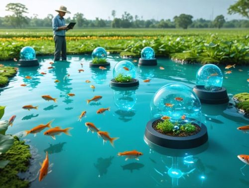 A high-tech farm pond featuring floating sensors and clear water served by a farmer using a tablet for real-time management, illustrating AI's role in modern pond care.