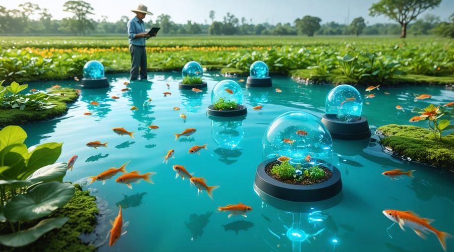 A high-tech farm pond featuring floating sensors and clear water served by a farmer using a tablet for real-time management, illustrating AI's role in modern pond care.