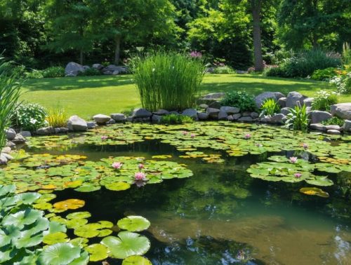 A tranquil pond in a backyard showcasing natural water filtration with native plants, including water lilies and cattails, with visible fish and clear water, representing a sustainable aquatic ecosystem.