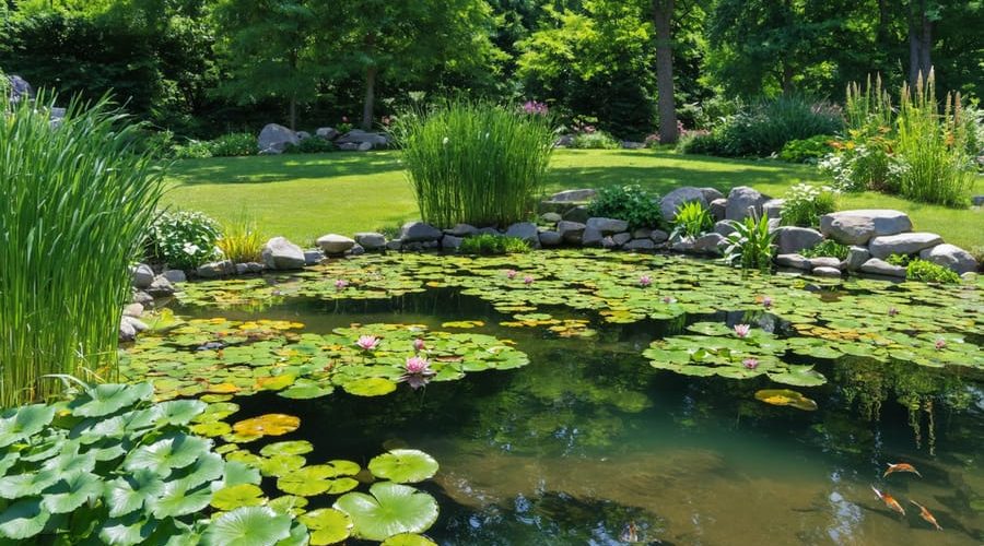 A tranquil pond in a backyard showcasing natural water filtration with native plants, including water lilies and cattails, with visible fish and clear water, representing a sustainable aquatic ecosystem.