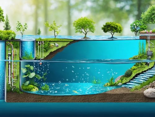 Conceptual illustration of a swimming pond filtration system depicting the regeneration, technical, and swimming zones showcasing aquatic plants, filtration equipment, and clear water.