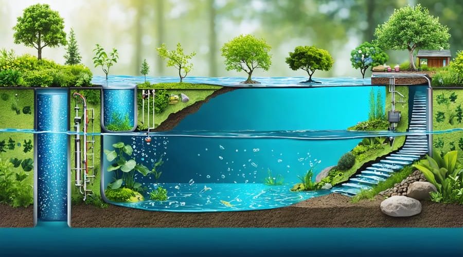 Conceptual illustration of a swimming pond filtration system depicting the regeneration, technical, and swimming zones showcasing aquatic plants, filtration equipment, and clear water.