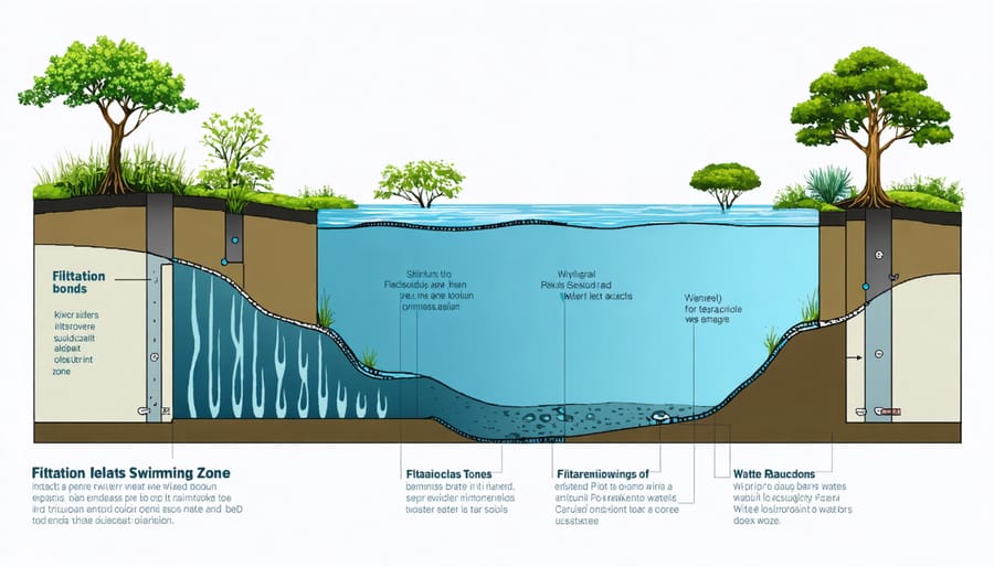 Illustrated cross-section of swimming pond filtration system showing biological, mechanical, and regeneration zones