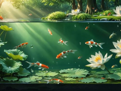 Illustrated cross-section of a vibrant pond ecosystem featuring floating water lilies, colorful koi fish, and lush submerged plants, all bathed in sunlight.