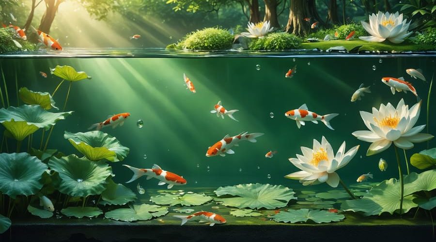 Illustrated cross-section of a vibrant pond ecosystem featuring floating water lilies, colorful koi fish, and lush submerged plants, all bathed in sunlight.