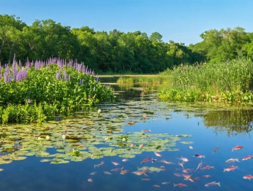 A thriving Mississippi pond ecosystem with flourishing aquatic plants, clear water, and balanced fish population surrounded by lush shoreline vegetation under a sunny sky.