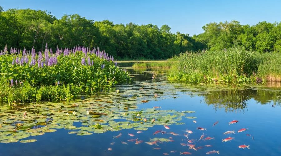 A thriving Mississippi pond ecosystem with flourishing aquatic plants, clear water, and balanced fish population surrounded by lush shoreline vegetation under a sunny sky.