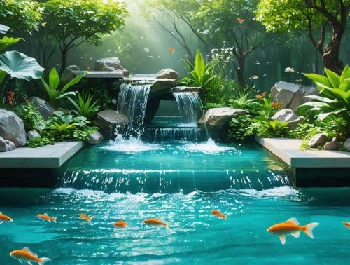 A water garden displaying vibrant aquatic life, clear water, and efficient circulation features like jets and surface agitation, illustrating the benefits of a well-designed pond circulation system.