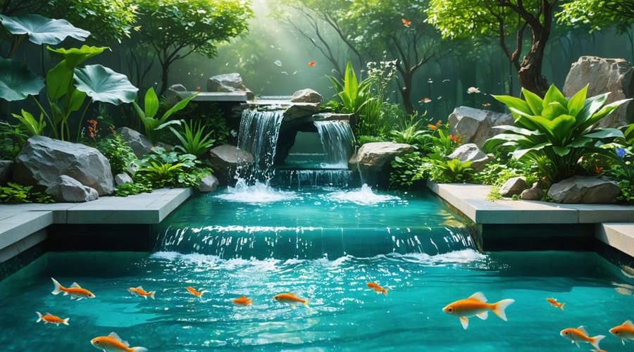 A water garden displaying vibrant aquatic life, clear water, and efficient circulation features like jets and surface agitation, illustrating the benefits of a well-designed pond circulation system.