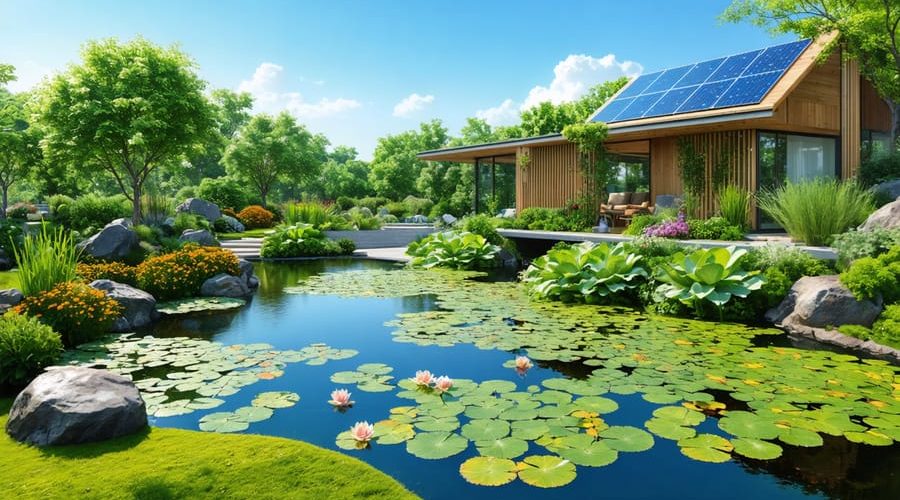 A climate-resilient pond featuring native plants, solar-powered pumps, and rainwater harvesting systems, demonstrating modern water management in a lush garden setting.