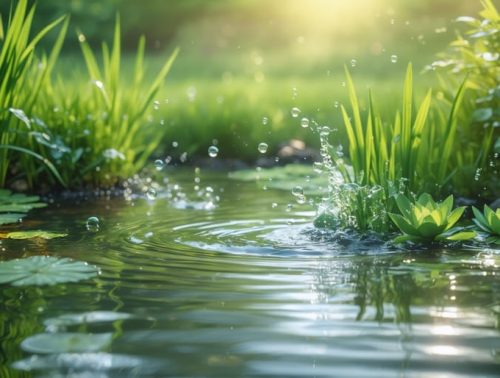 A peaceful backyard pond showcasing healthy aquatic plants bathed in sunlight, with subtle bubbles indicating carbon dioxide's role in plant growth.