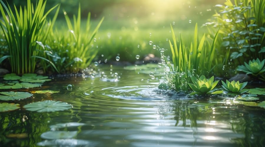 A peaceful backyard pond showcasing healthy aquatic plants bathed in sunlight, with subtle bubbles indicating carbon dioxide's role in plant growth.