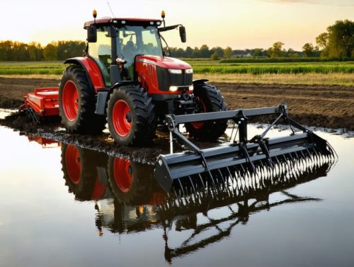 A tractor with a heavy-duty pond rake attachment cleaning aquatic vegetation from a pond at sunset, showing the rake in action and its effectiveness.