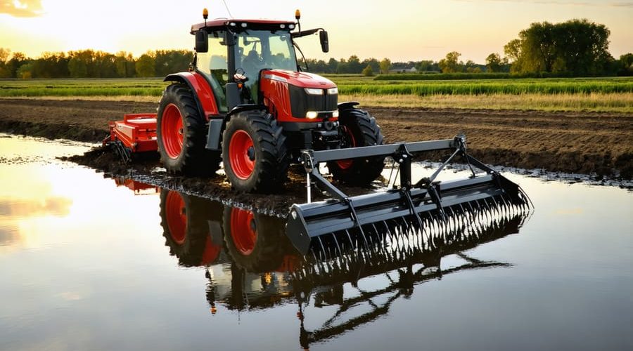 A tractor with a heavy-duty pond rake attachment cleaning aquatic vegetation from a pond at sunset, showing the rake in action and its effectiveness.