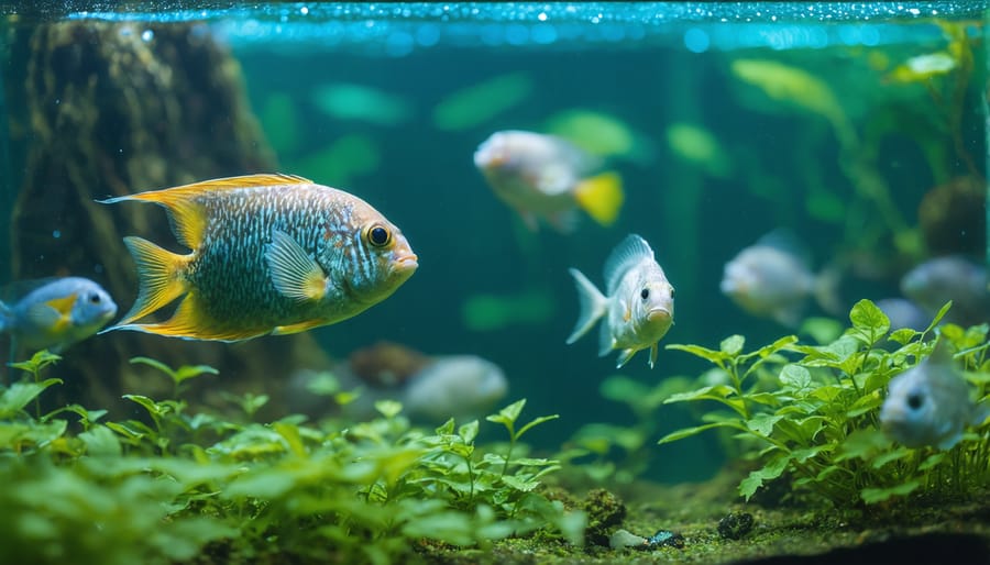 Underwater view of koi and goldfish swimming among water plants in a clear pond